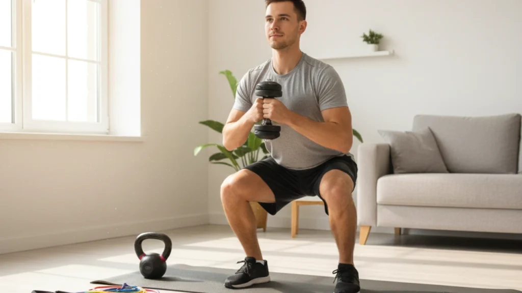 Beginner performing goblet squat at home using dumbbells and resistance bands