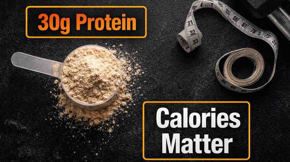 one Scoop of whey protein powder on black background with measuring tape and dumbbell showing 30g protein and calories matter concept.