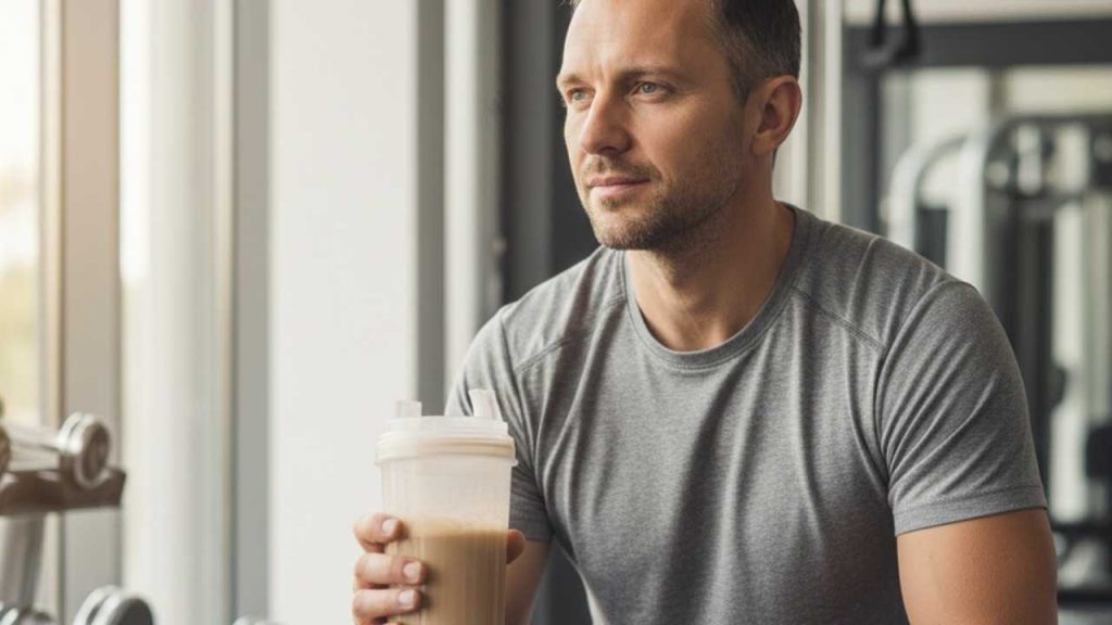 Person holding a protein shake while checking a nutrition calculator on a phone in a gym-inspired setting
